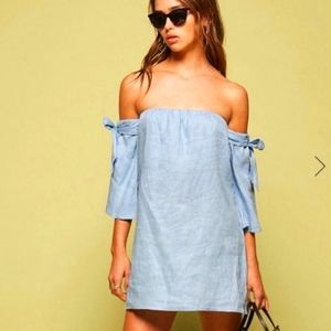 Reformation Carlita Off Shoulder Dress Blue FLAW
